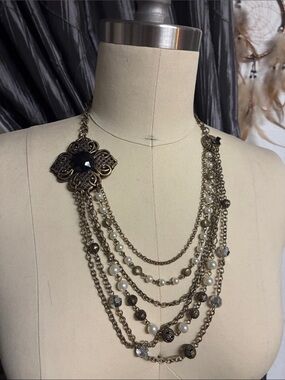 Layered Antique Gold Multi-Chain Necklace with Black Accent